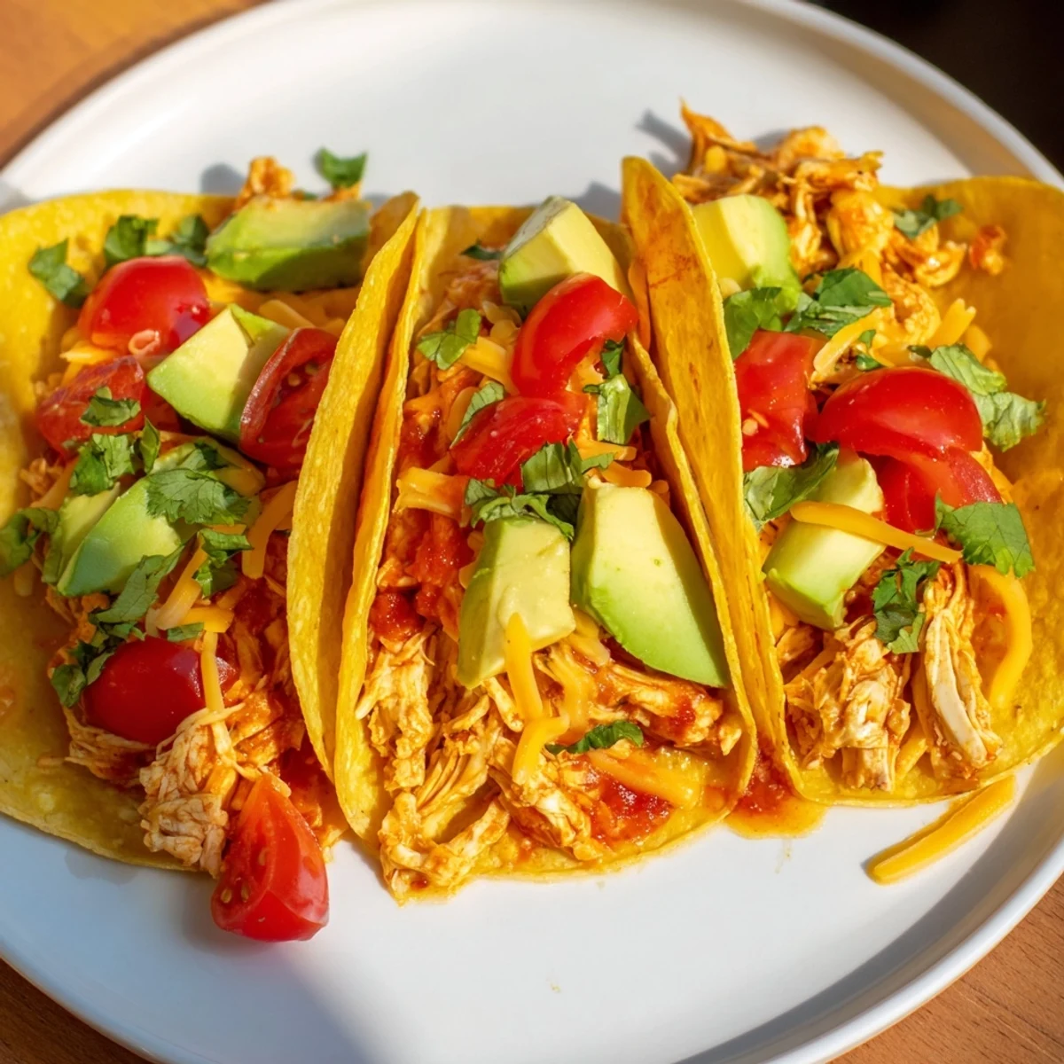 Juicy slow cooker shredded chicken tacos, piled high with toppings, a delicious Mexican-inspired dinner.