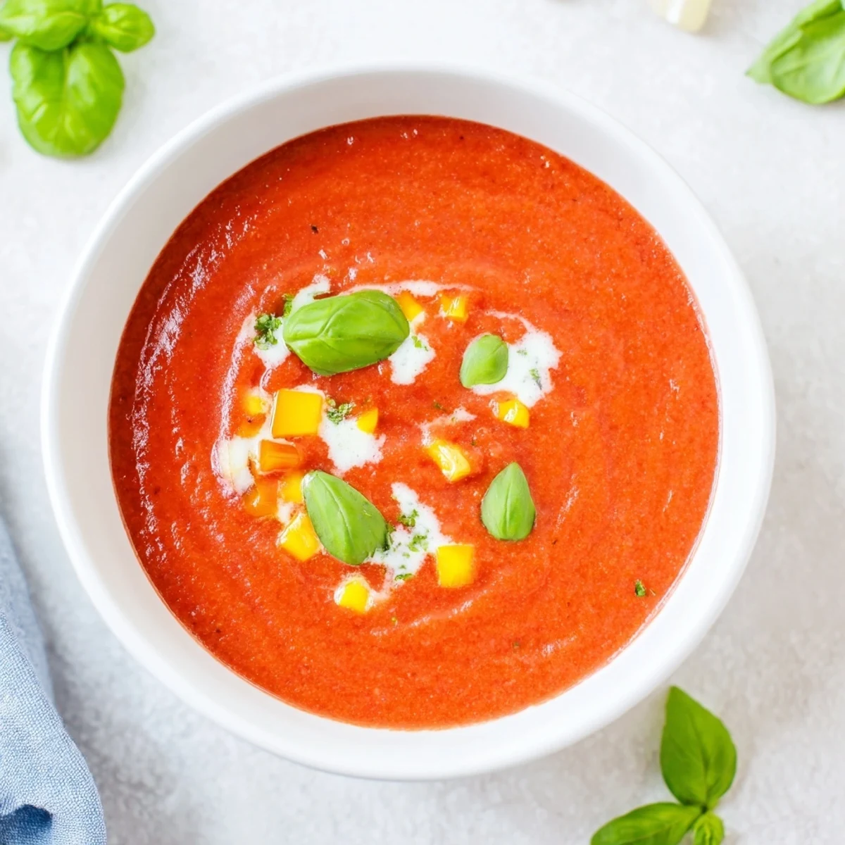 Steaming bowl of homemade Comfort Soup: vibrant red tomato and basil, ready to be enjoyed.