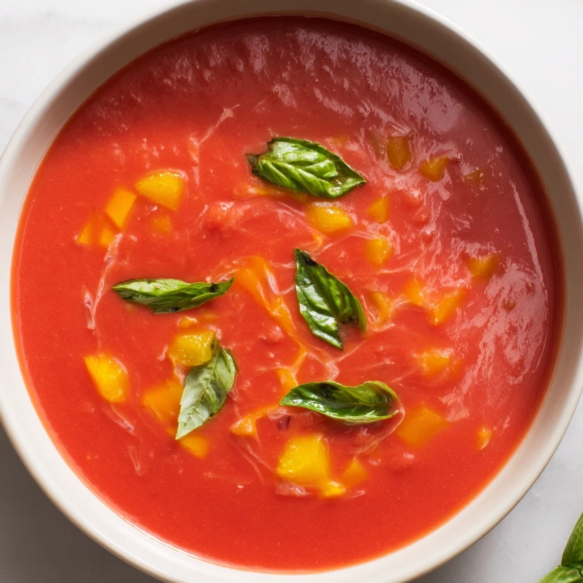Close-up of bubbling Comfort Soup, highlighting the rich tomato base and aromatic basil leaves.