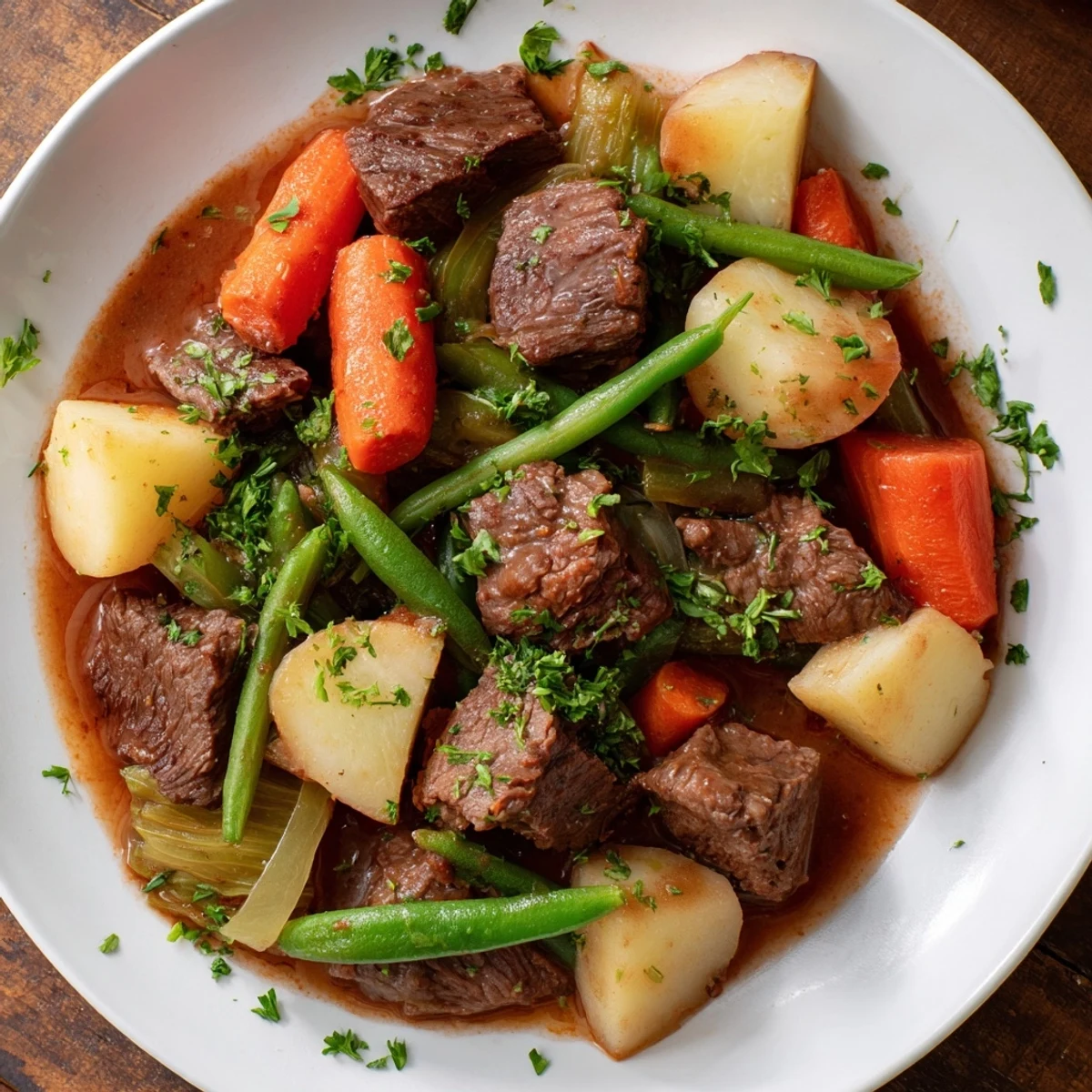 Steaming, flavorful beef and vegetable stew in a pressure cooker; a comforting, hearty meal.