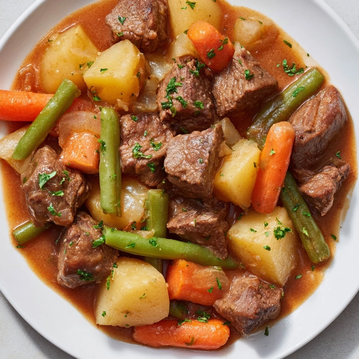 Tender beef chuck simmered with vegetables, creating a rich beef and vegetable stew under pressure.