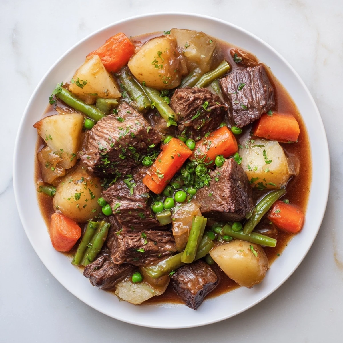 A close-up of the delicious, gluten-free beef and vegetable stew, ready to enjoy with crusty bread.