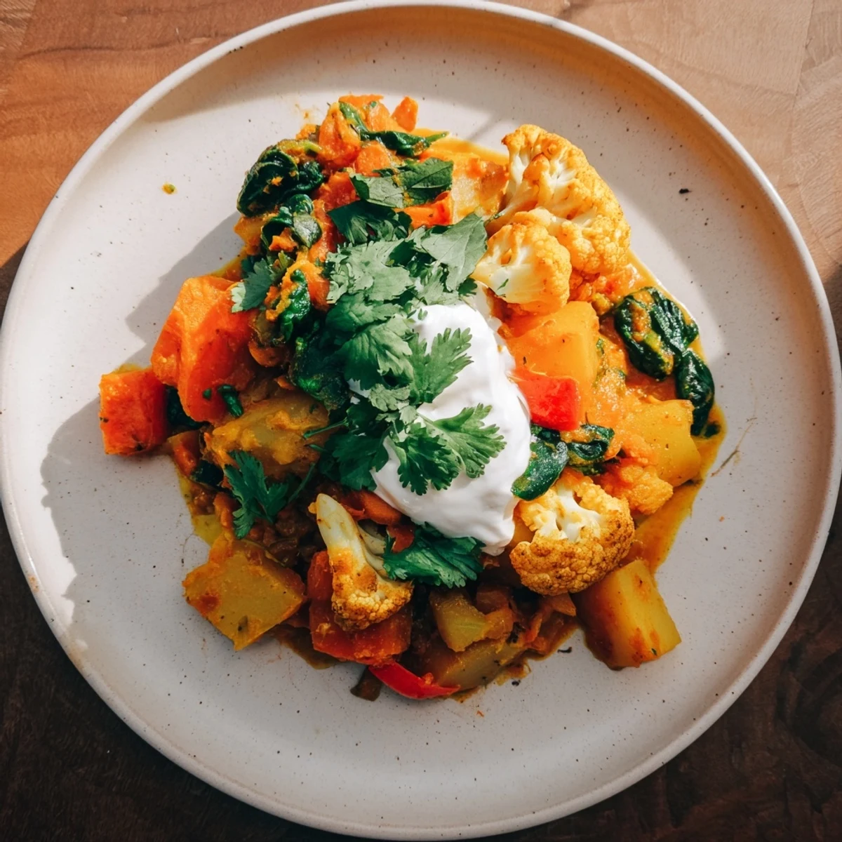 A steaming bowl of Waste-Free Vegetarian Curry, fragrant with spices and tender vegetables.