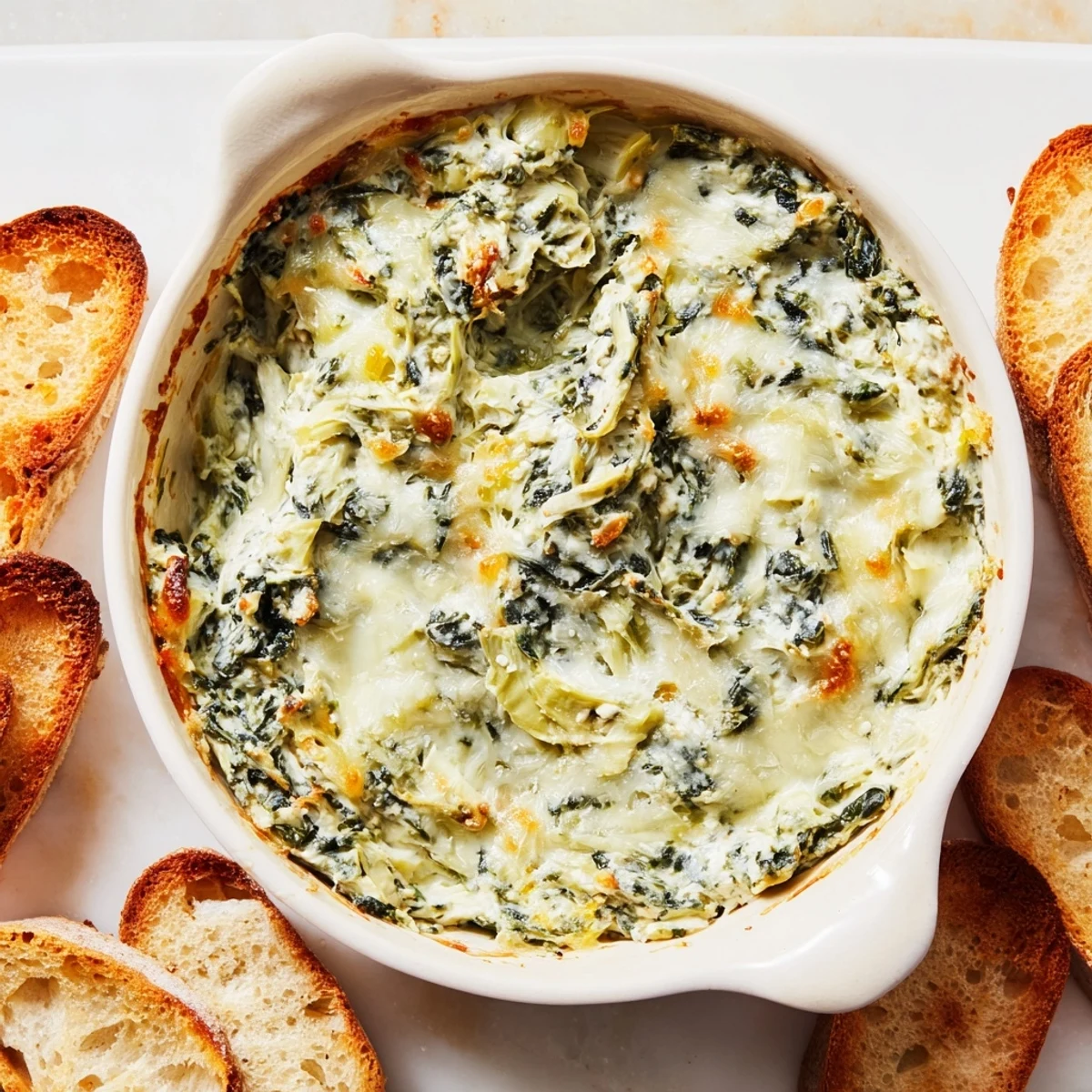 Creamy, comforting warm spinach and artichoke dip, ready to be scooped with your favorite chips.