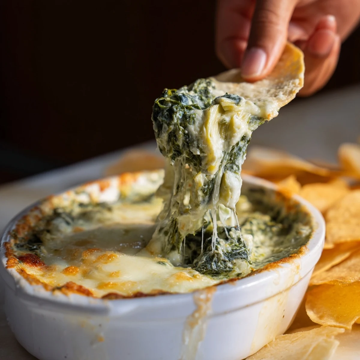 Golden-brown warm spinach and artichoke dip, served hot alongside a spread of crackers.