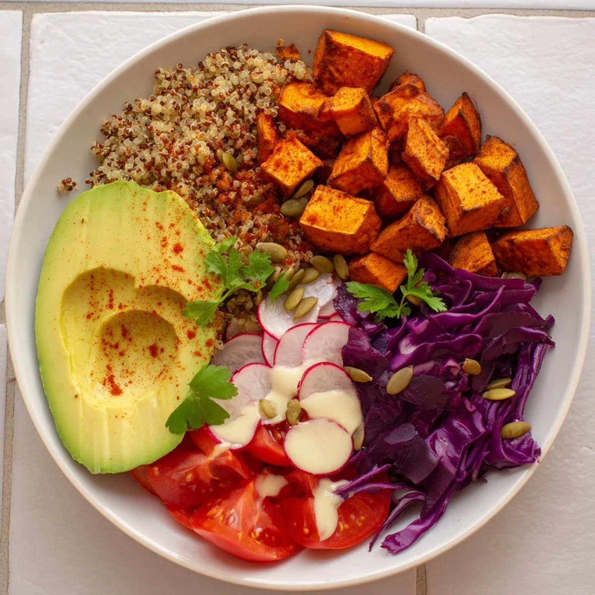 Complete Veggie Bowl featuring roasted sweet potatoes, quinoa, and creamy tahini vinaigrette, a vibrant, wholesome meal.