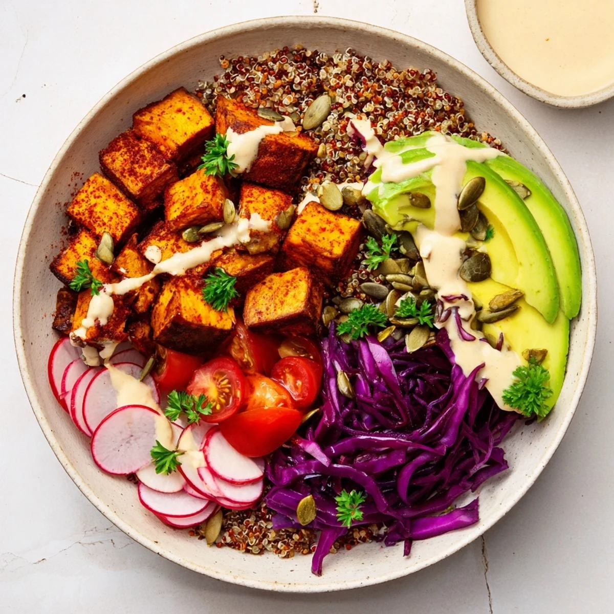 A flavorful Complete Veggie Bowl is plated, showcasing fluffy quinoa, and drizzled with a delicious tahini dressing.