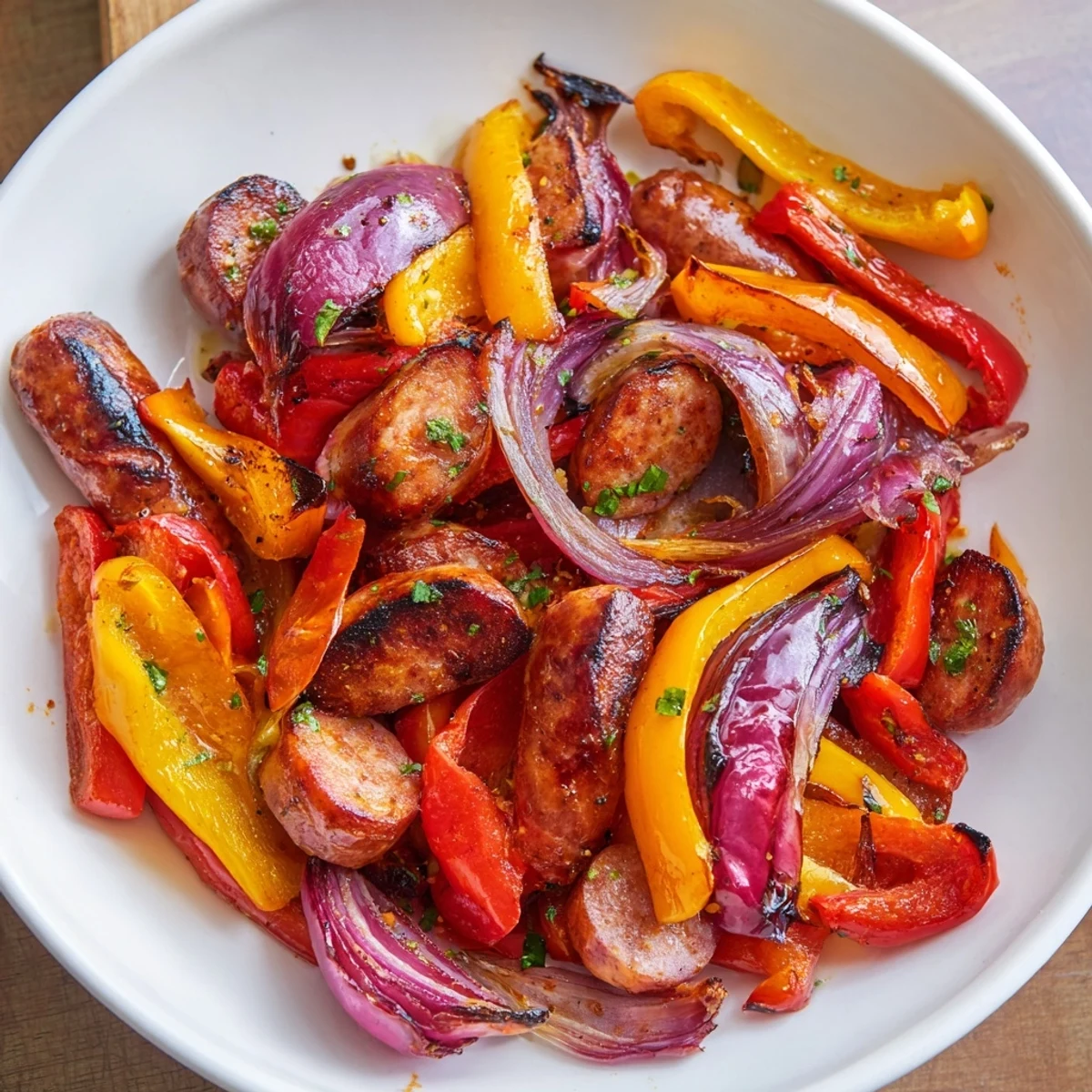 Easy sheet pan Italian sausage with roasted peppers and onions, a colorful, savory dinner ready to serve.