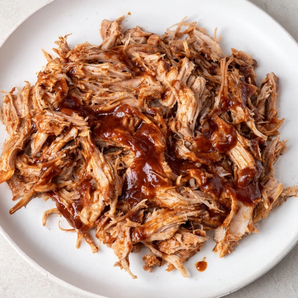 Tender 5-Ingredient BBQ Pulled Pork, glistening with sauce, ready to be shredded and enjoyed on a bun.