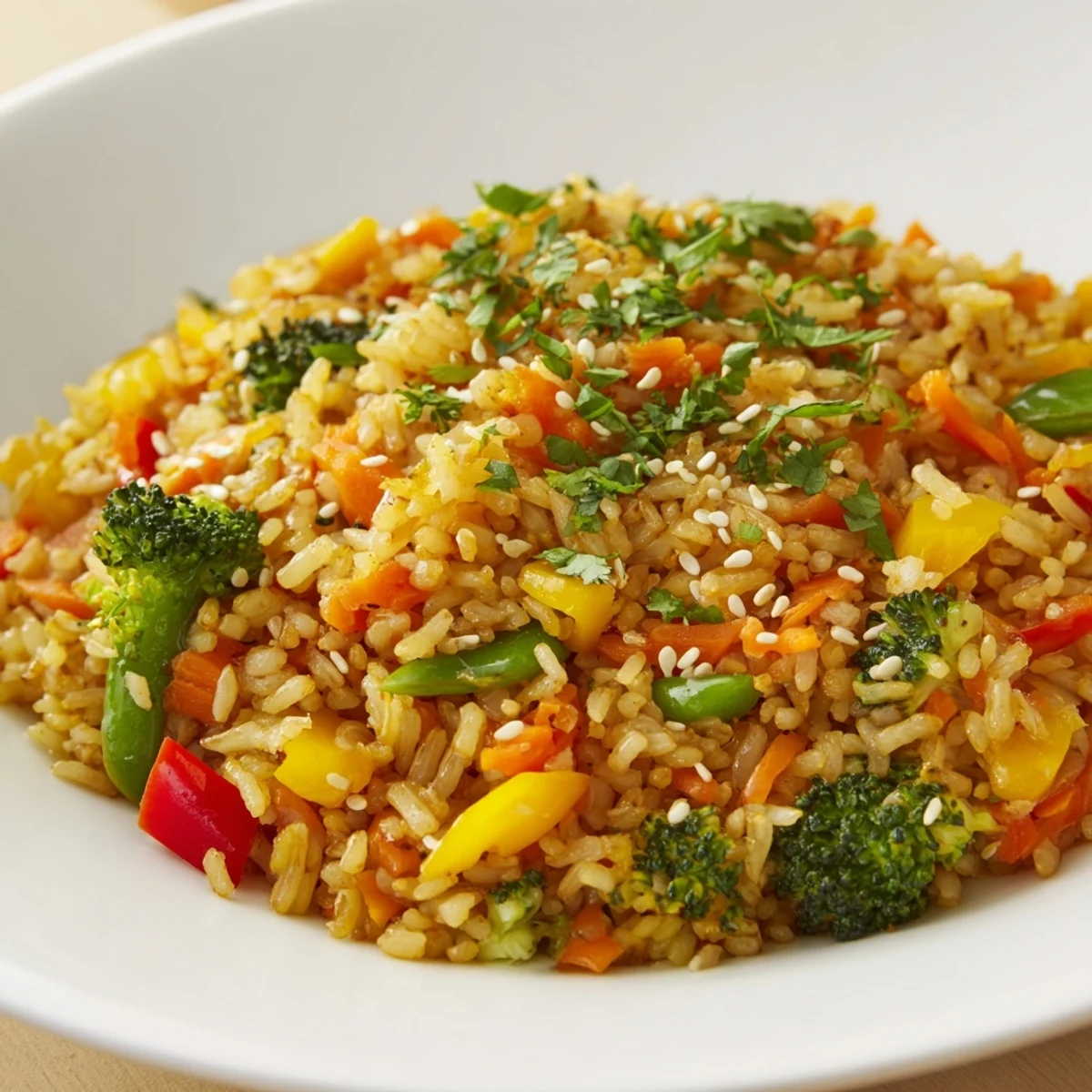 This picture showcases a delicious bowl of Crispy Vegetable Fried Rice, packed with fresh ingredients.