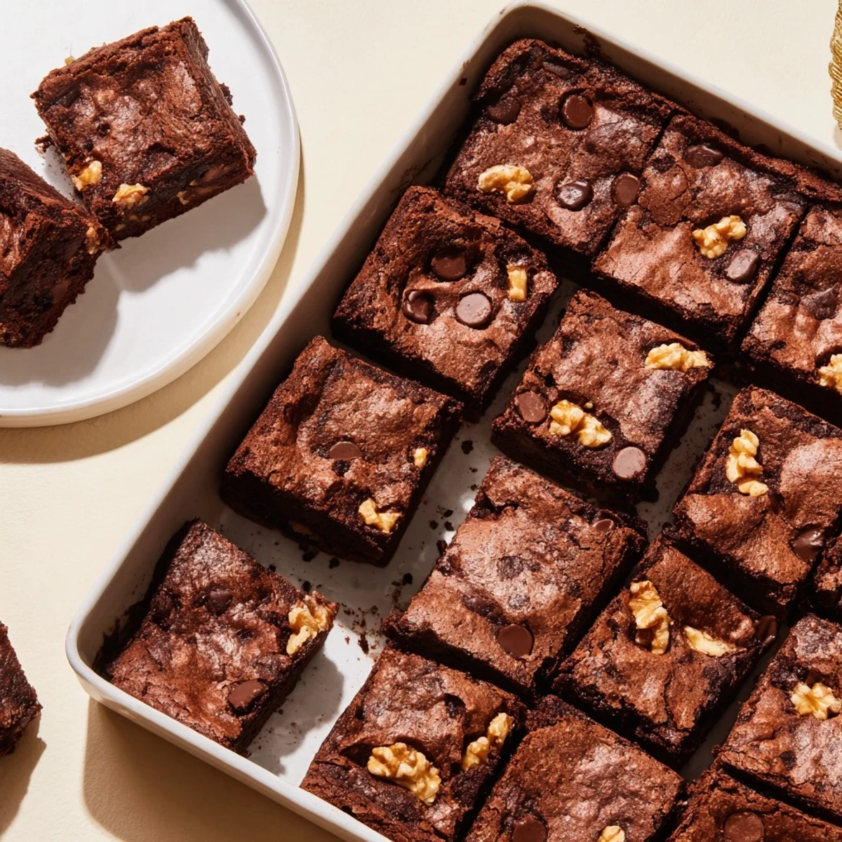 Fudgy walnut brownies in a baking pan: a close-up photo shows rich, dark squares ready to serve.