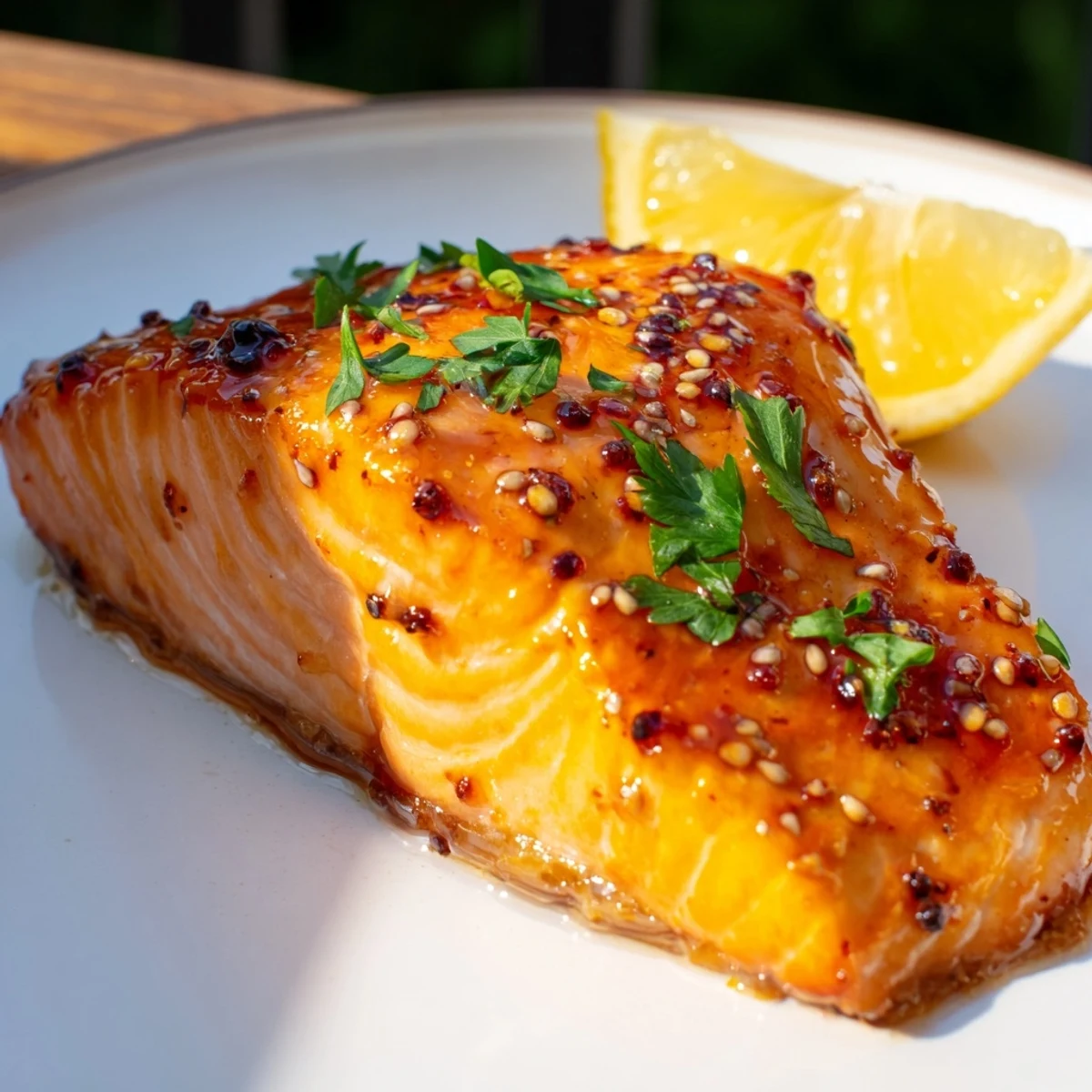 Vibrant photo of glistening Honey Mustard Glazed Salmon, perfectly broiled, ready to enjoy as a flavorful main course.