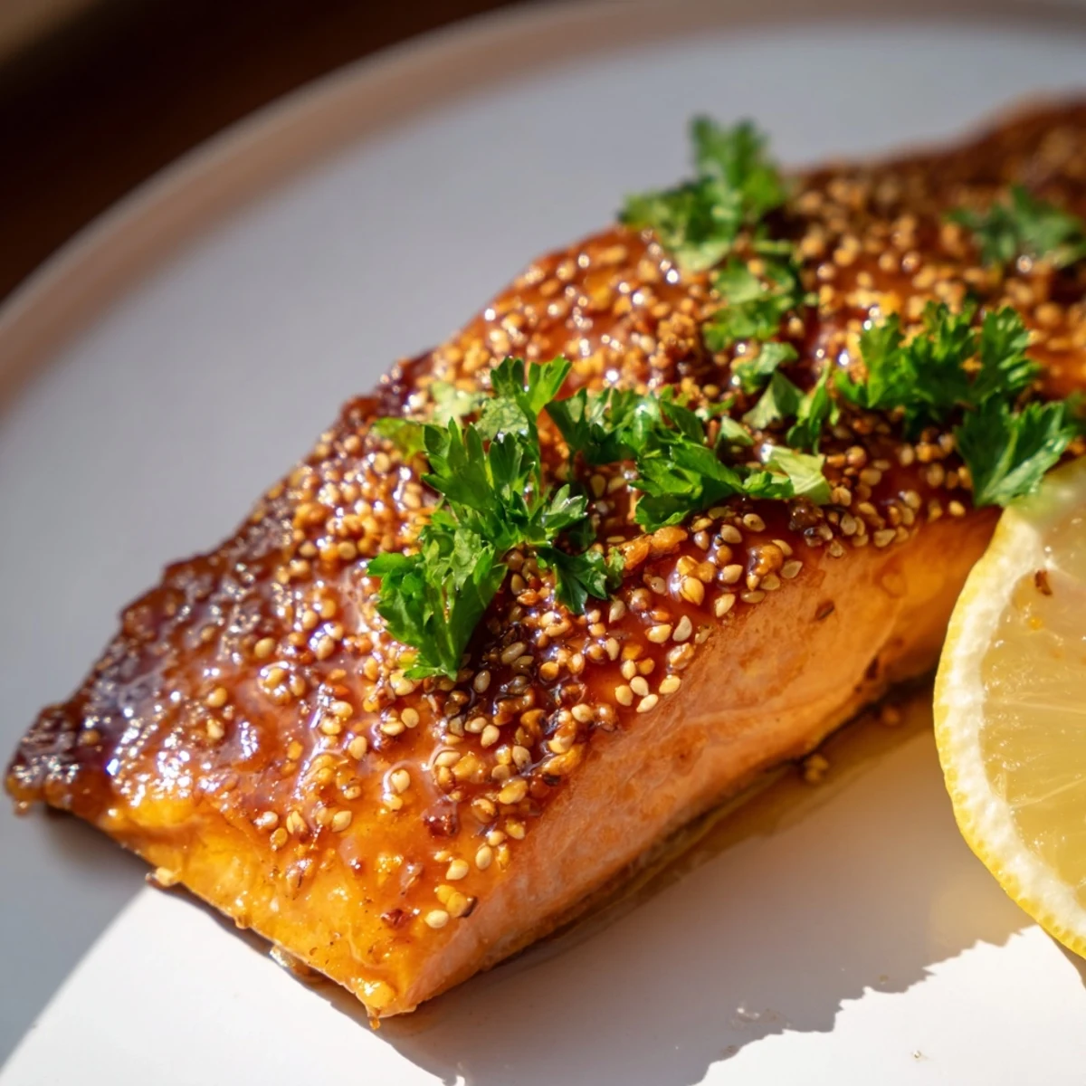 Close-up of flaky, delicious Honey Mustard Glazed Salmon, a quick and easy weeknight recipe, beautifully garnished.