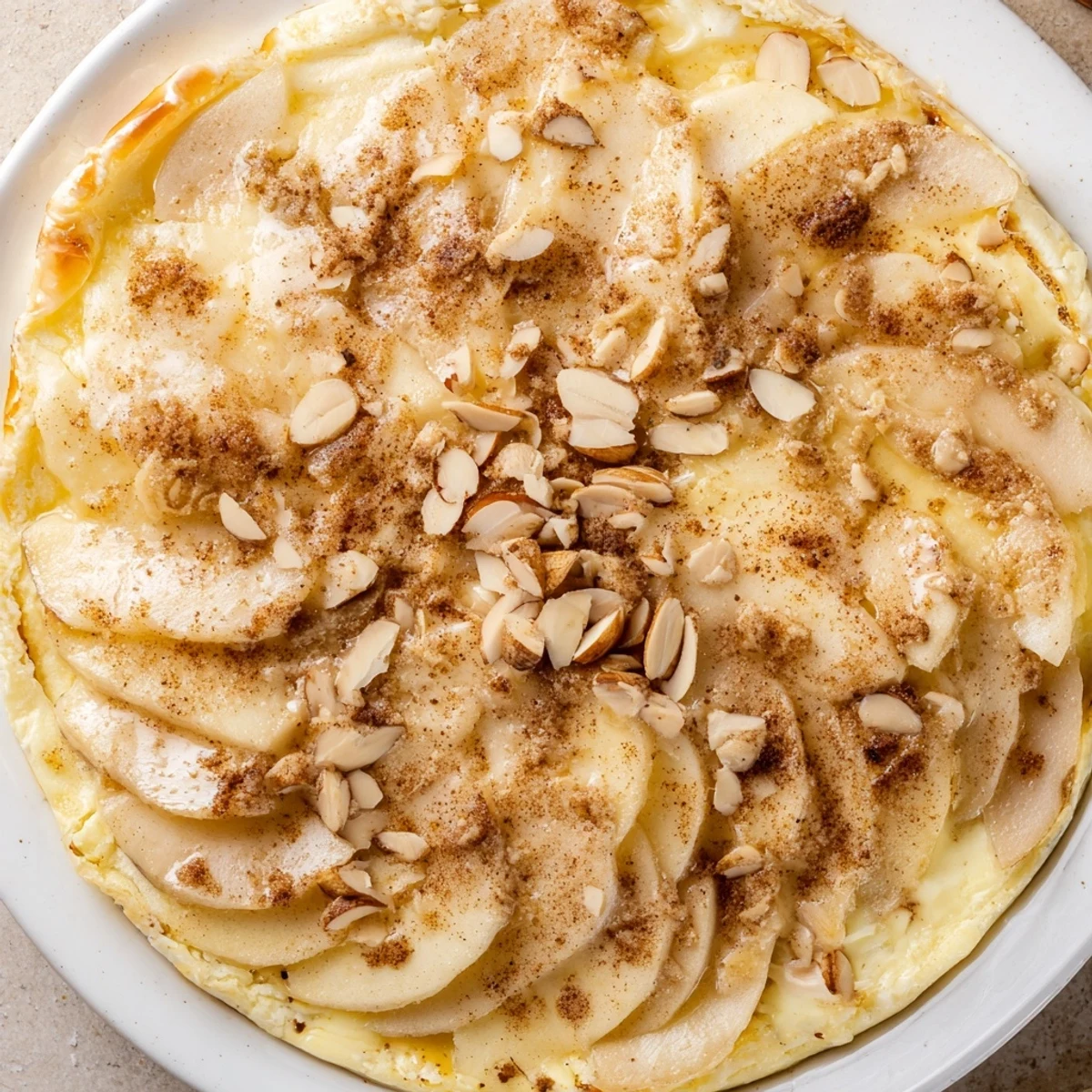 Warm and spiced Rustic Crustless Apple Pie, ready to serve with a scoop of vanilla ice cream.