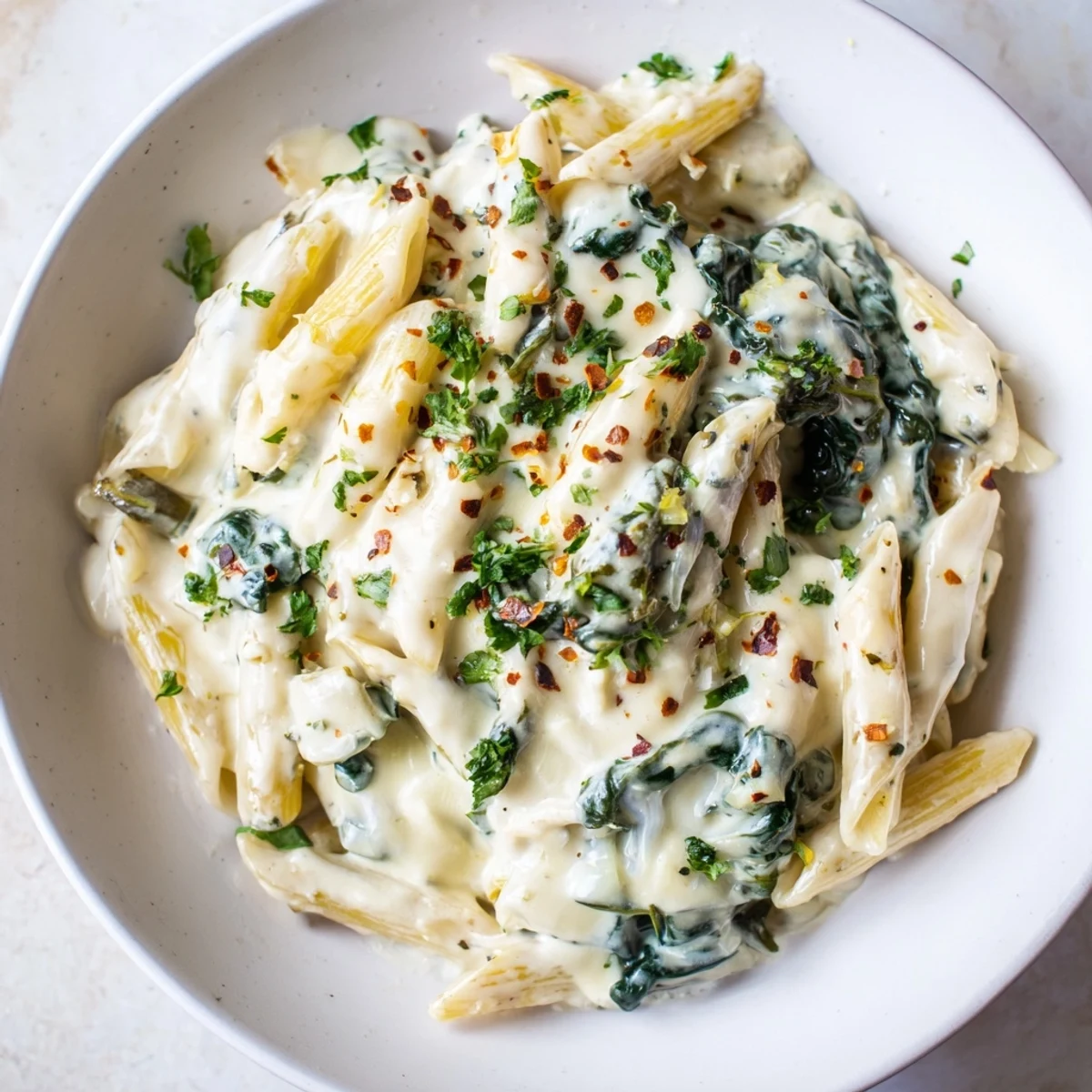 A top-down view of Magic Casserole shows creamy spinach pasta ready to serve with parsley.
