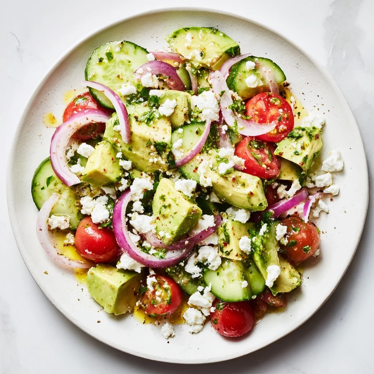 Crisp cucumber, tomatoes, and creamy avocado star in this vibrant Fresh Salad.