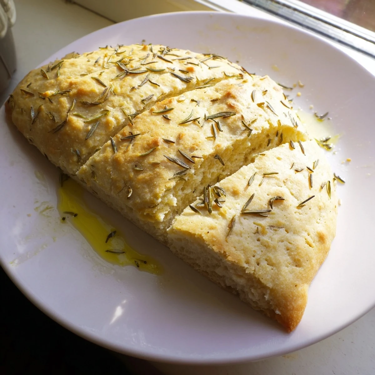 Flaky Yeast-Free Garlic and Rosemary Bannock Bread, golden brown, ready to serve warm with a buttery aroma.