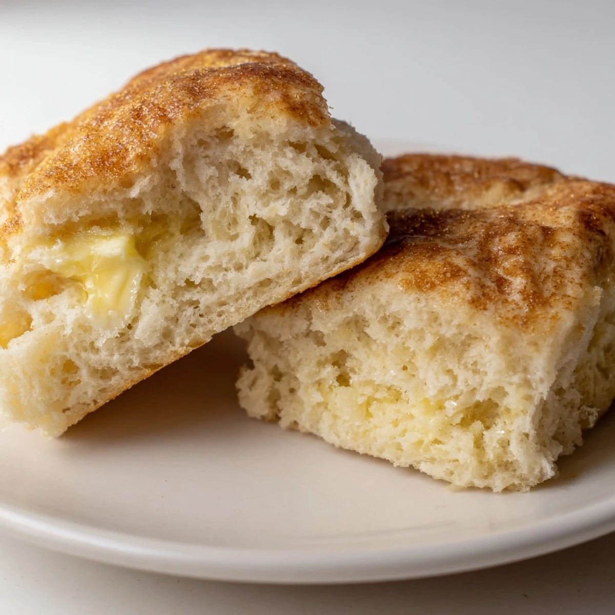 A close-up shows fluffy sheet pan English muffins, ideal for breakfast sandwiches with butter.