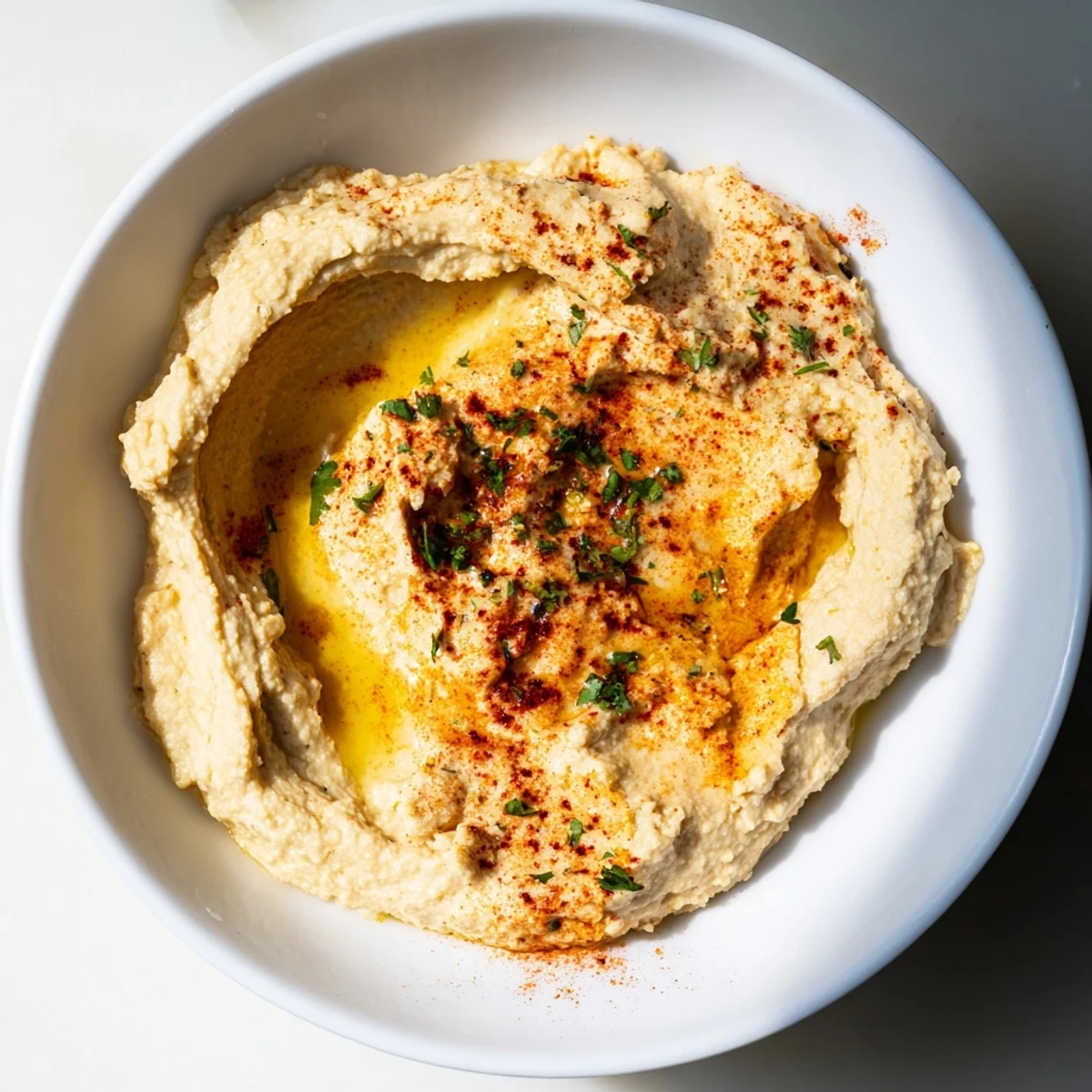 A bowl of delicious homemade hummus, garnished with parsley, inviting you to enjoy this flavorful Middle Eastern classic.