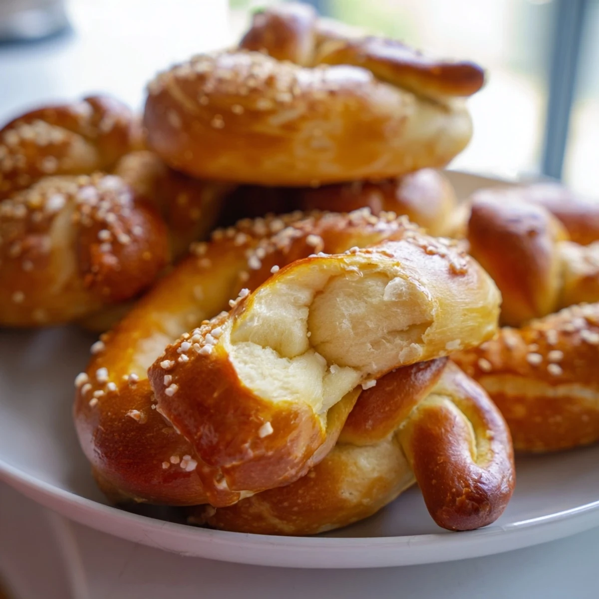 Freshly baked and steaming homemade soft pretzels, a delicious snack with a salty finish. 