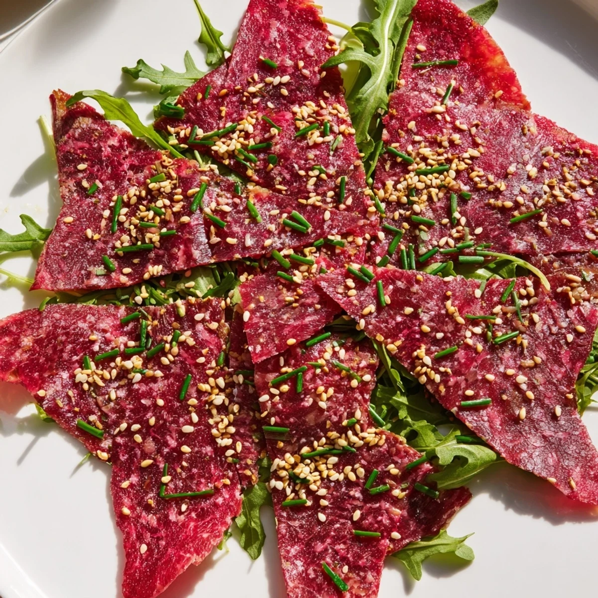 The savory Origami Fold Beef Appetizer, artfully arranged on a platter with fresh arugula and Parmesan.