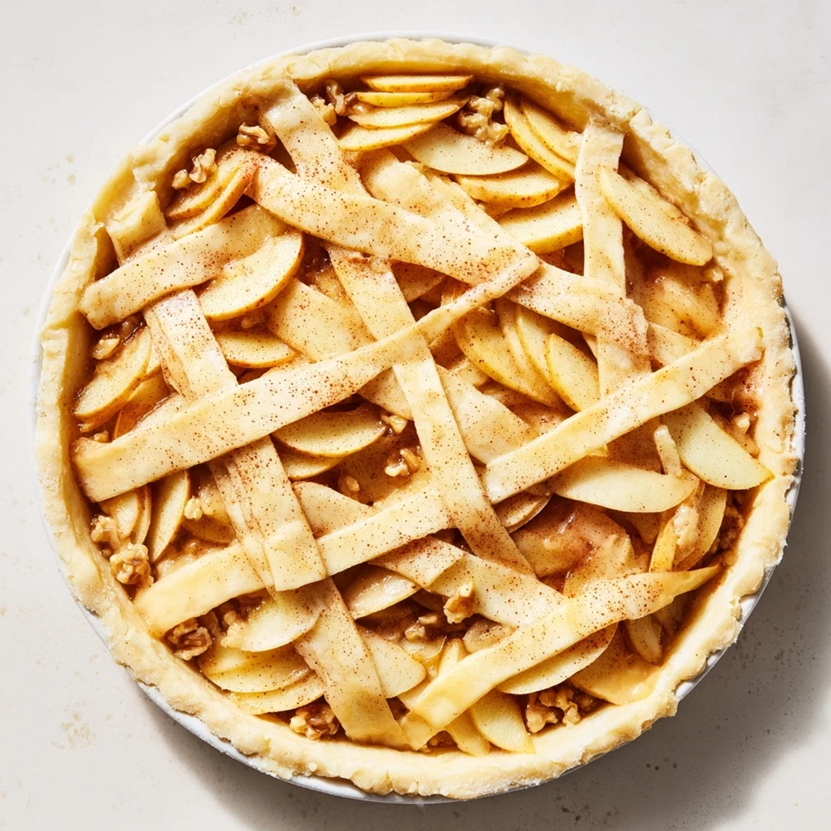 Golden-baked Lattice Orchard dessert displays intricately woven apple slices nestled over a walnut filling.