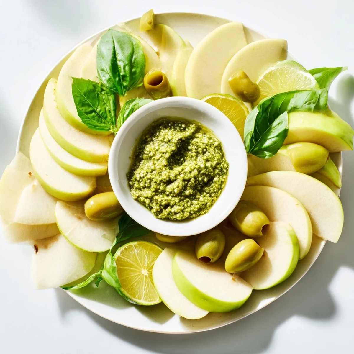 A colorful Emerald City snack board: crisp green apples, zesty limes, and savory pesto offer delightful flavors.