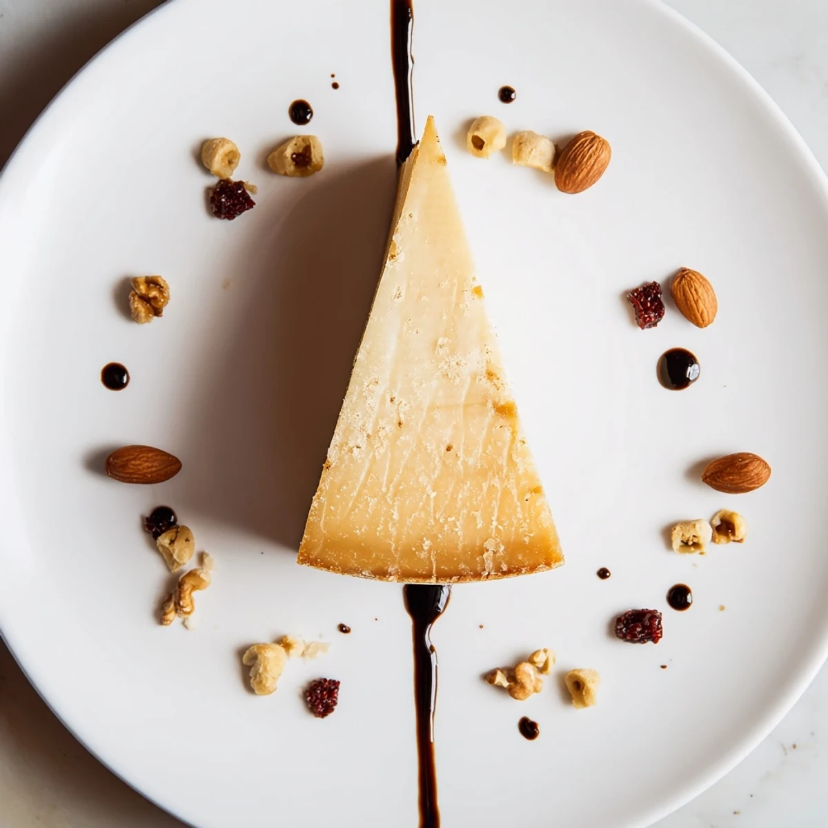 A visually appealing "Sundial" cheese platter features hard cheese, nuts, and balsamic glaze arranged for appetizers.