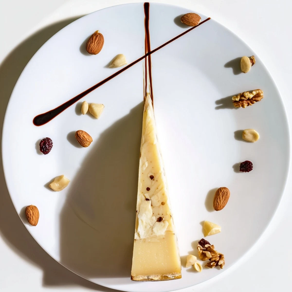 The elegant "Sundial" cheese platter showcases hard cheese and roasted nuts clustered beautifully, perfect for entertaining guests.