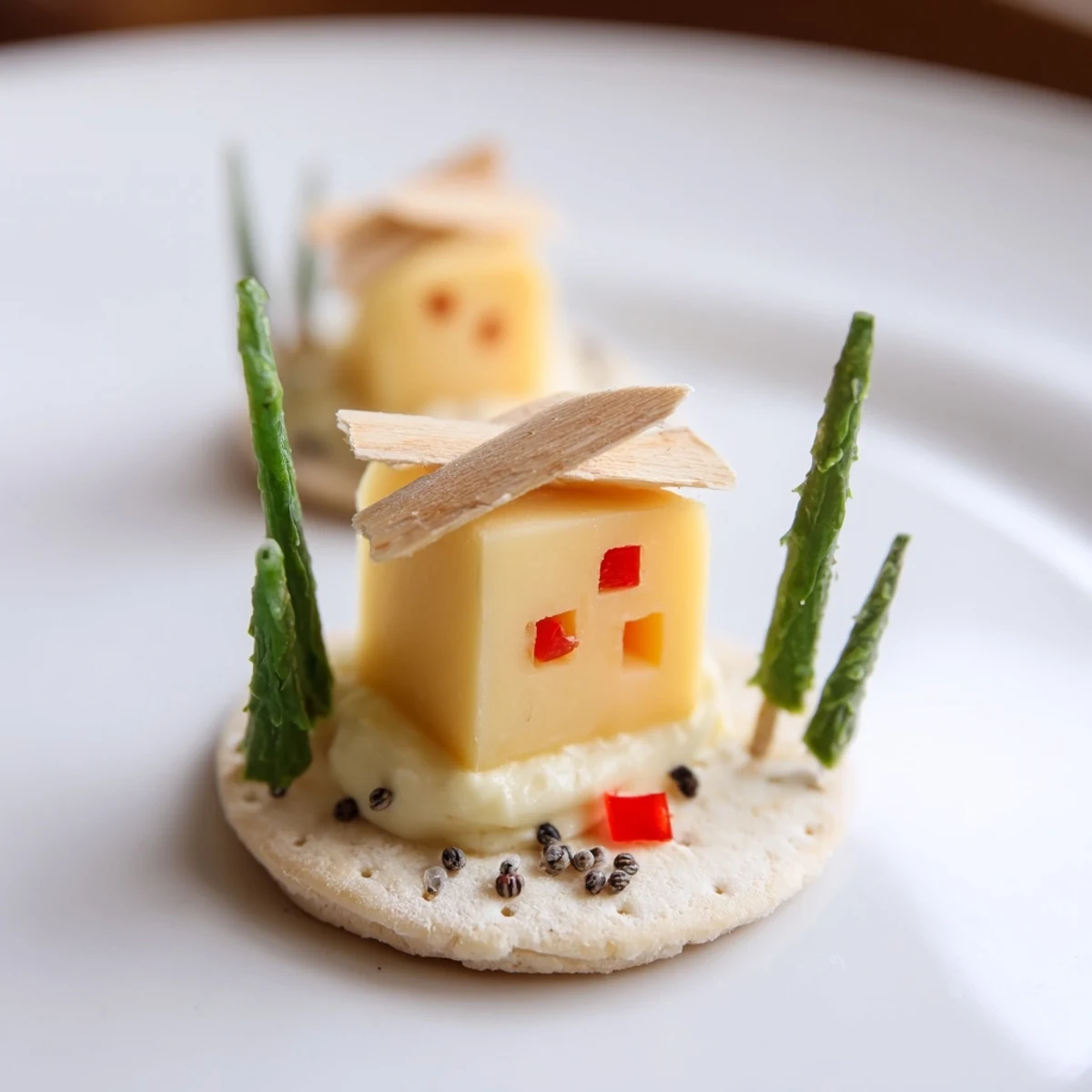 Delightful Alpine Village appetizer: cheese cube houses with almond roofs sit on snowy crackers.