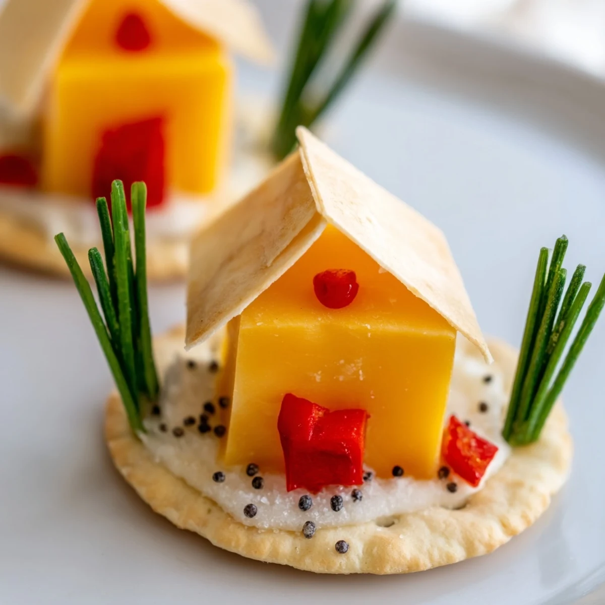 Festive party snack: miniature Alpine Village houses made with cheese, crackers, and almond roofs.