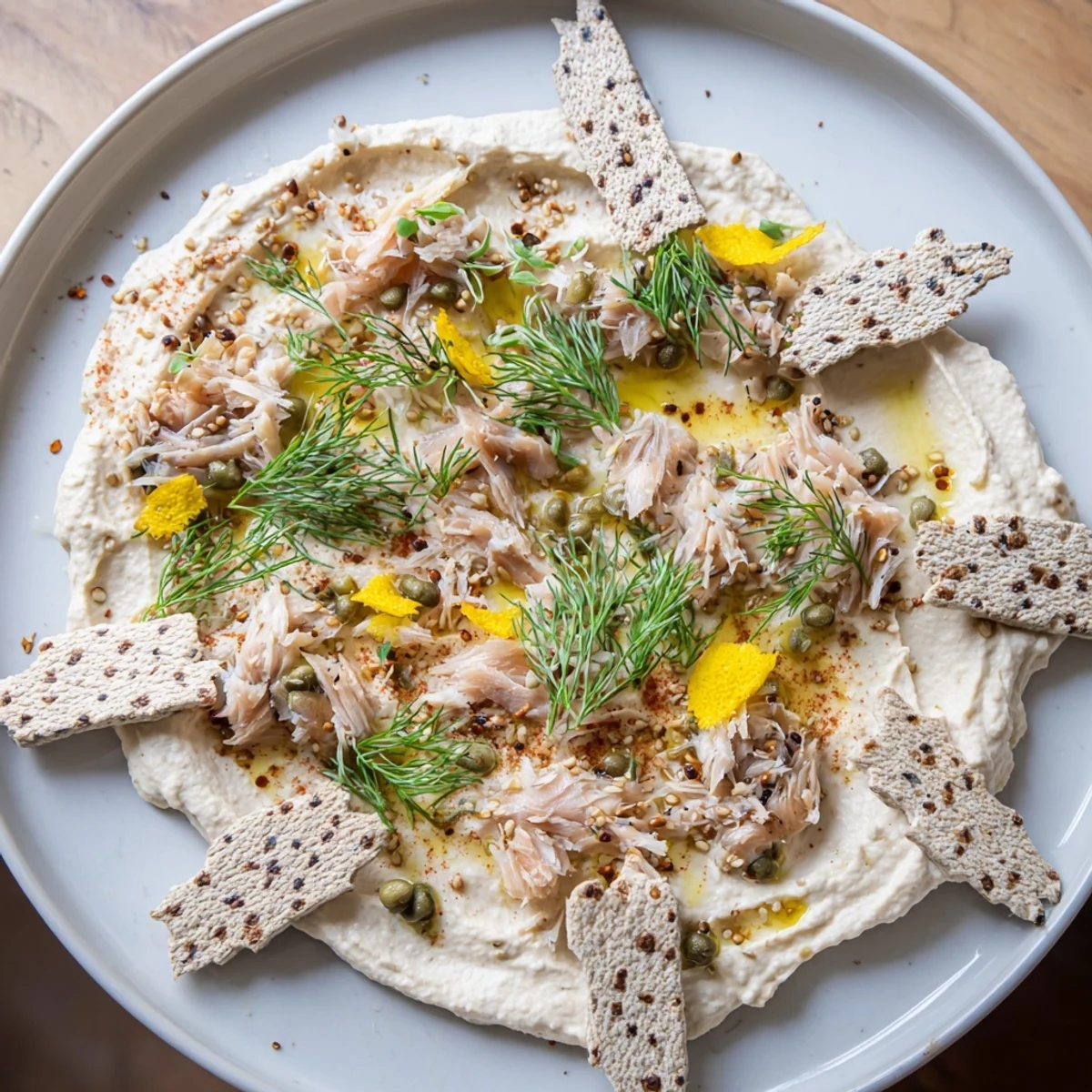 A delicious view of The Driftwood Beach appetizer; smoked fish rests on creamy hummus with crackers.
