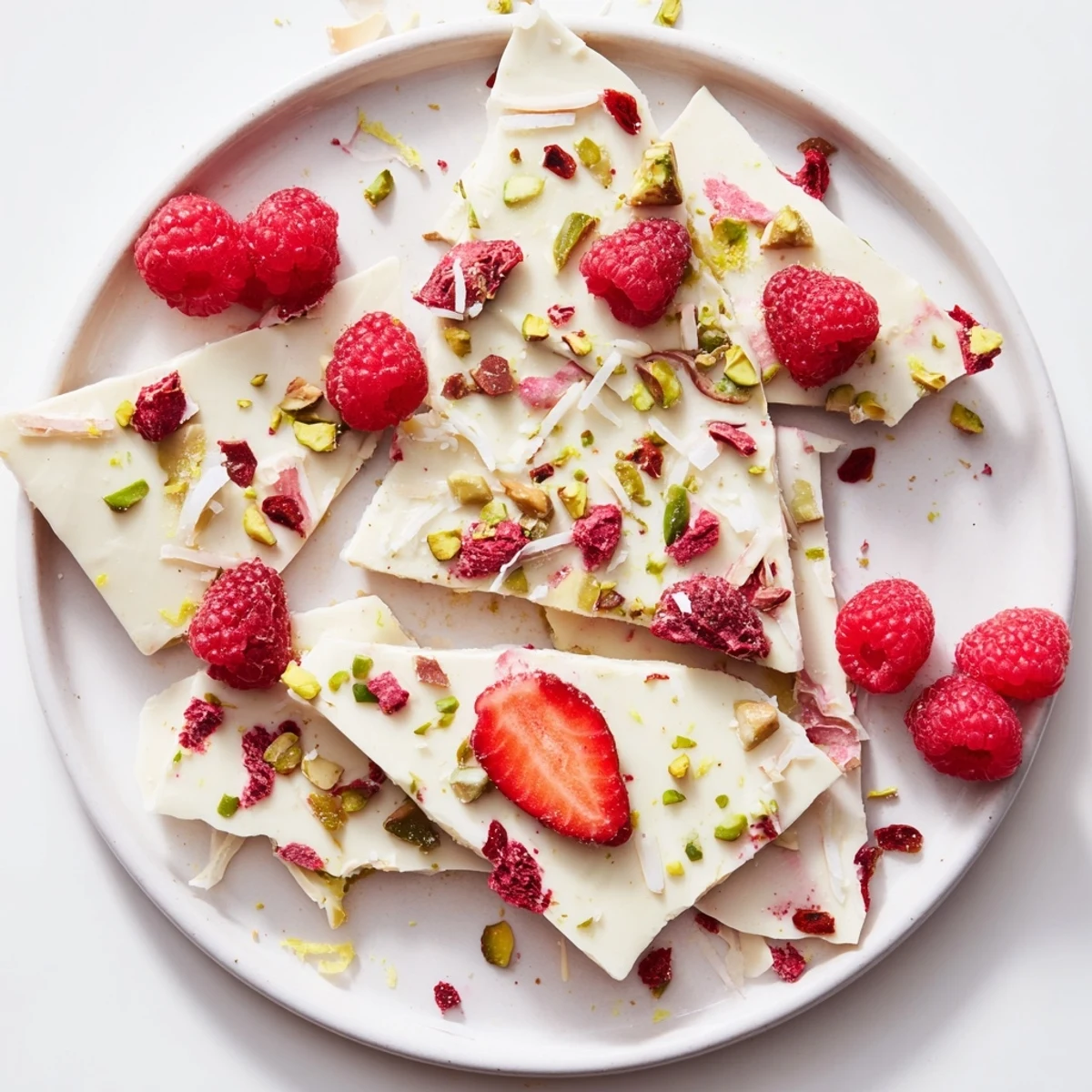 Frozen yogurt bark with beautiful red berries, a refreshing and easy summer dessert.