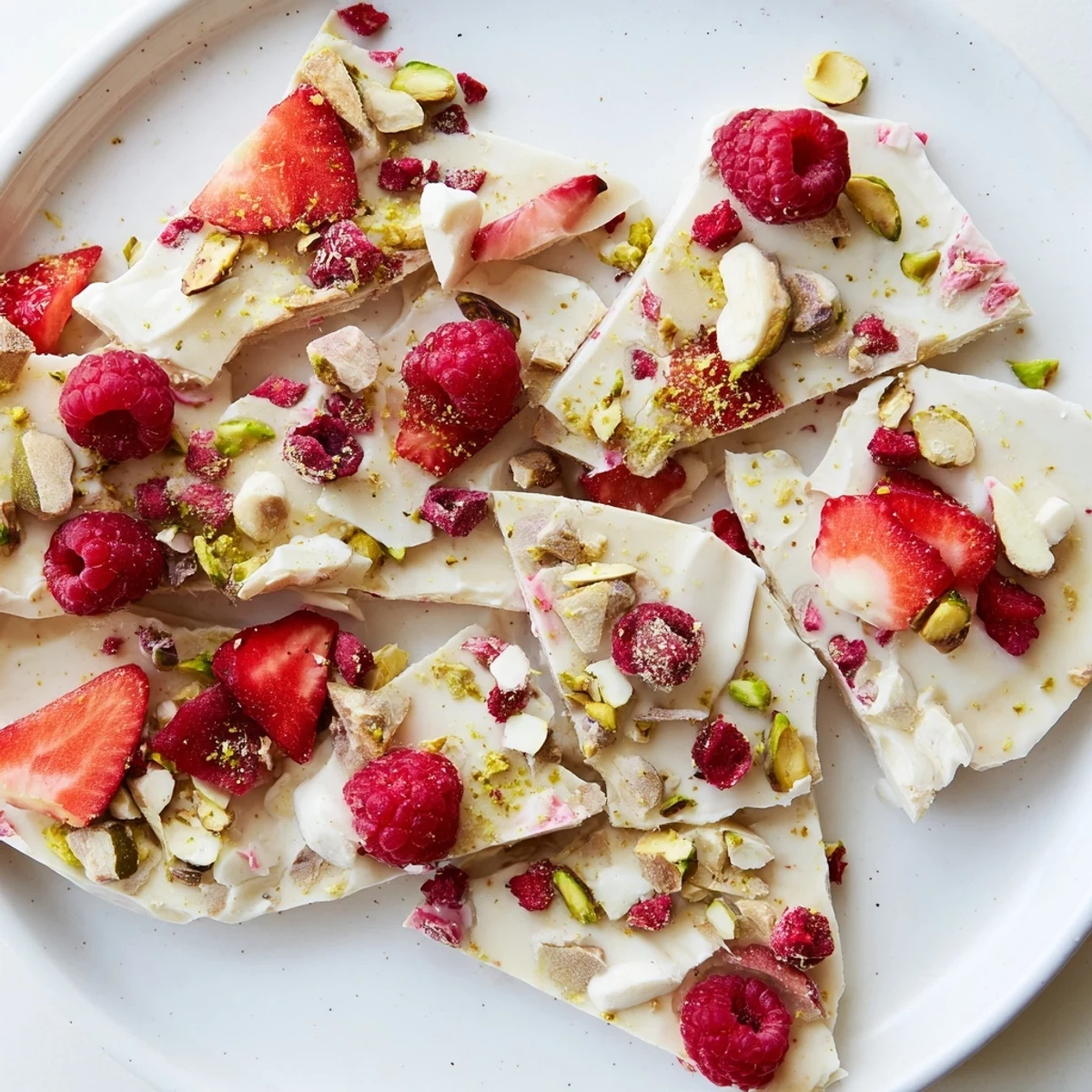 This delicious frozen yogurt bark displays layers of creamy yogurt with mixed red berries.