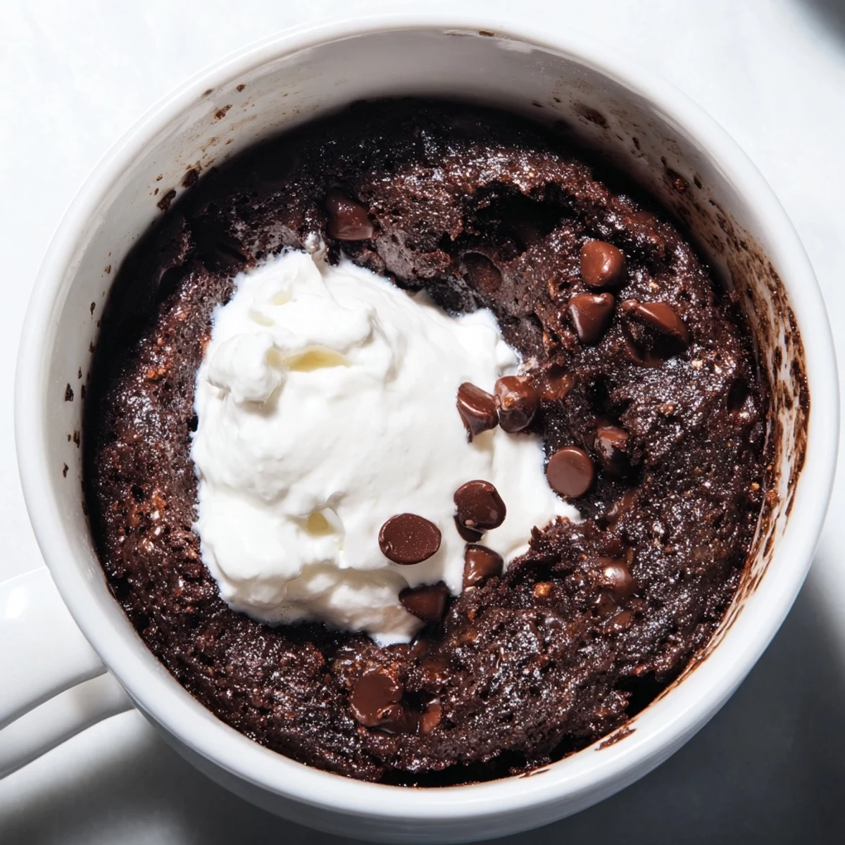 Fluffy chocolate mug cake, swirled with melted chocolate chips, ready for a comforting dessert.