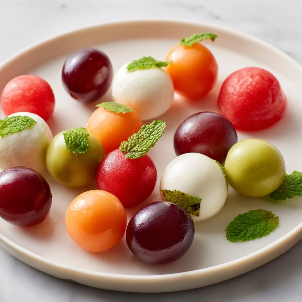 A beautiful Polka Dot Platter, featuring perfectly spherical mozzarella, fruit, and olives, perfect for a party.