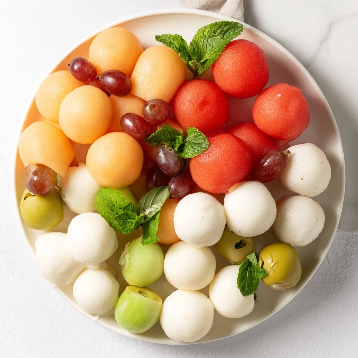 Vibrant Polka Dot Platter appetizer with colorful melon balls, grapes, cheese spheres, and olives, ready to enjoy.