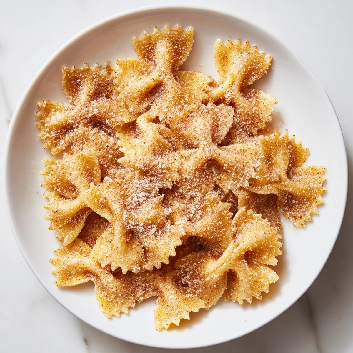 Bowtie pasta transformed into delicious Air Fryer Pasta Christmas Crack, coated with cinnamon sugar.