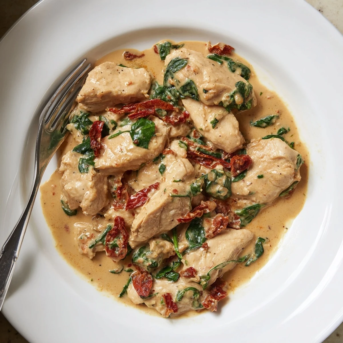 Golden-brown Creamy Sun-Dried Tomato Chicken Skillet, a one-pan dinner with a rich, vibrant sauce.