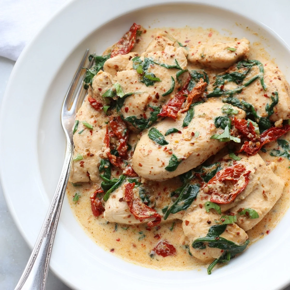 Sizzling Creamy Sun-Dried Tomato Chicken Skillet with spinach, served with a garnish of fresh basil for aroma.
