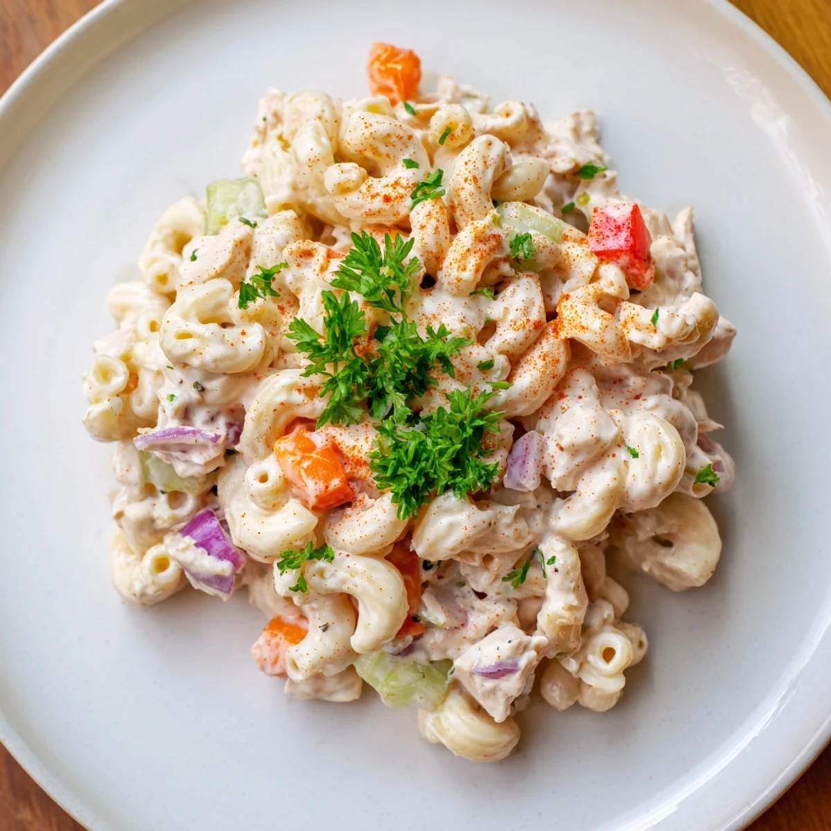A creamy bowl of Chicken Macaroni Holiday Salad, featuring bright veggies ready to be enjoyed.