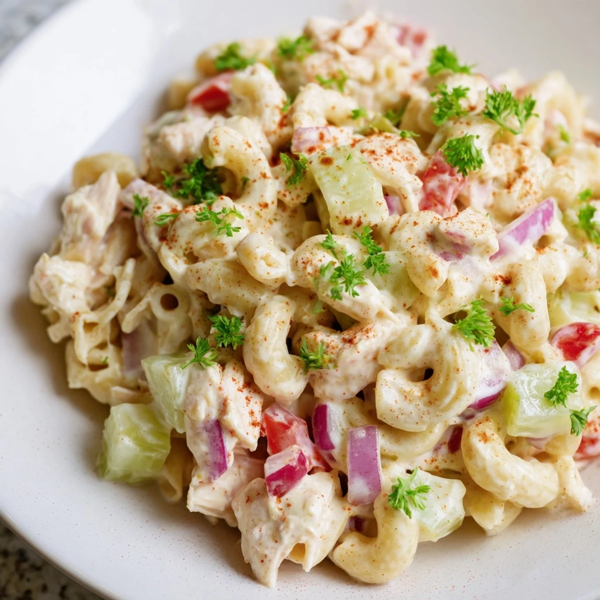 Chilled Chicken Macaroni Holiday Salad, filled with colorful vegetables, is perfect for a potluck.