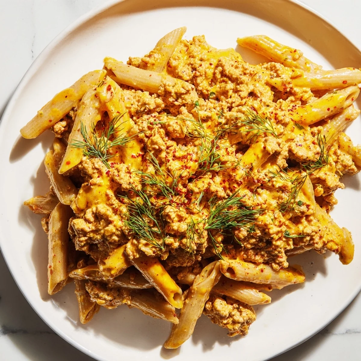 Steaming Turkish Pasta with Ground Turkey, generously draped in flavorful, spiced yogurt sauce and garnished with fresh herbs.