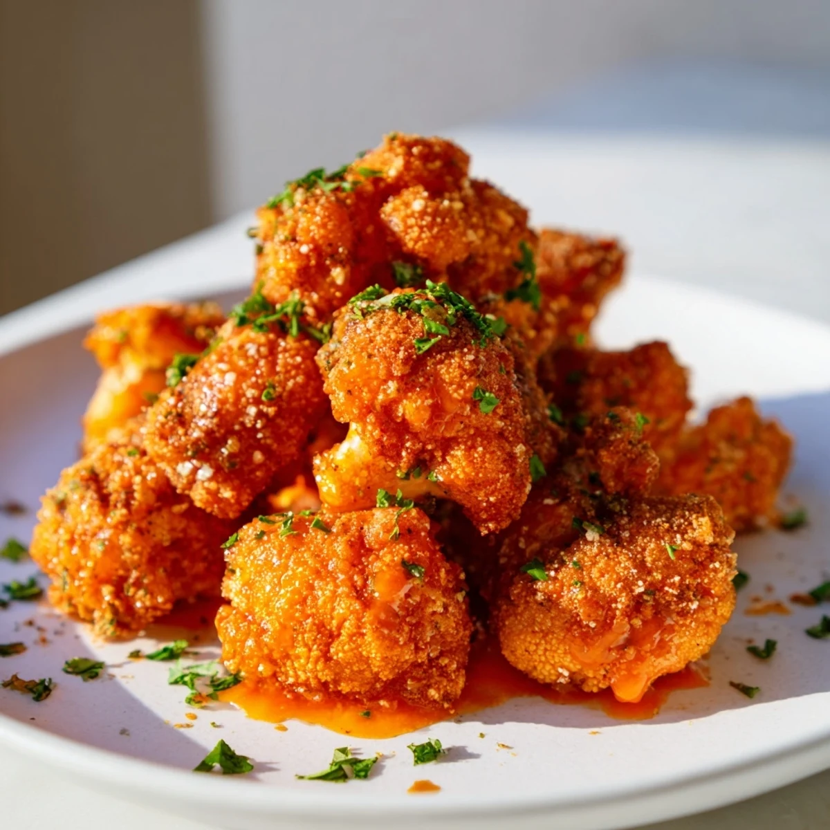 Golden-brown Buffalo Cauliflower Bites, crispy and coated in a spicy red buffalo sauce, ready to serve.