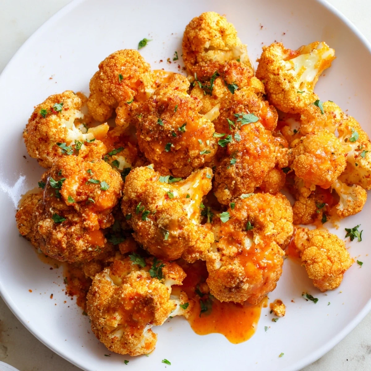 A platter of plant-based Buffalo Cauliflower Bites, offering a satisfying crunch and fiery flavor, visually appealing.