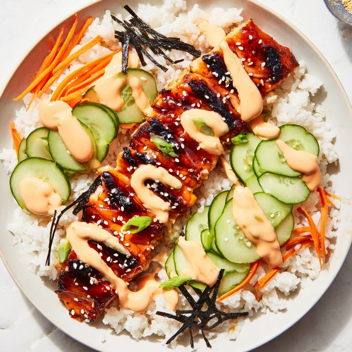 Steaming teriyaki salmon rice bowl, showcasing glazed salmon and colorful vegetables in a delightful dish.