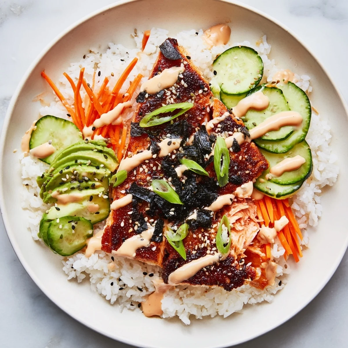 Vibrant teriyaki salmon rice bowl, a beautiful blend of salmon, rice, and fresh toppings, ready to enjoy.