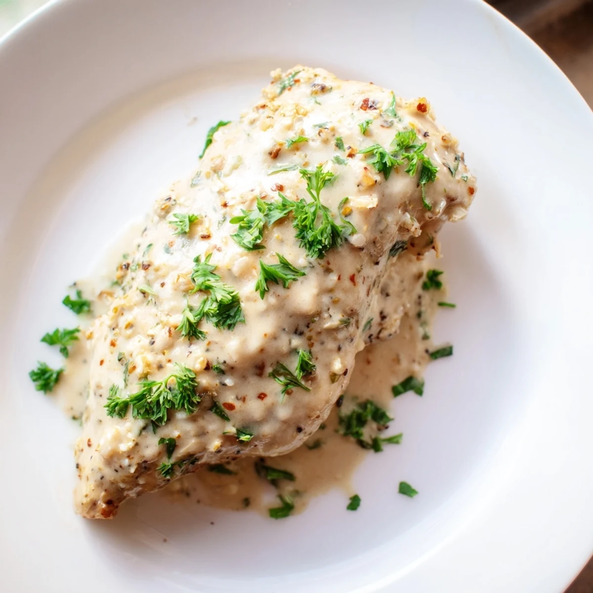 Golden-brown Greek yogurt chicken, tender with herbs, ready to serve with lemon wedges.