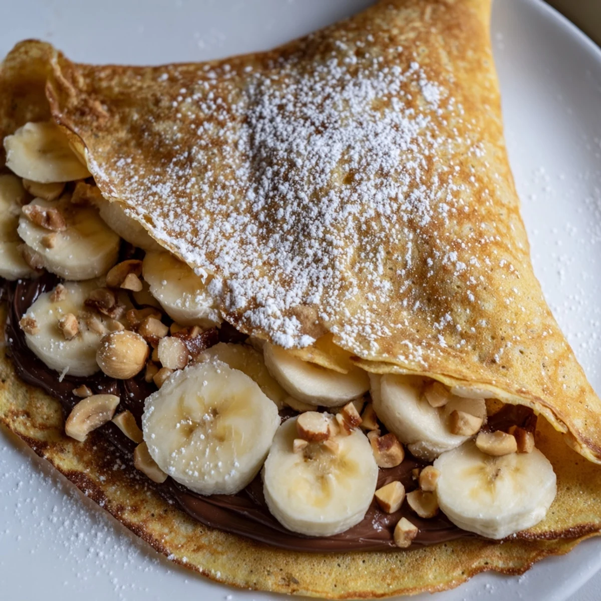 Golden-brown Banana Nutella Wrap, folded with warm chocolate hazelnut spread and sliced bananas.