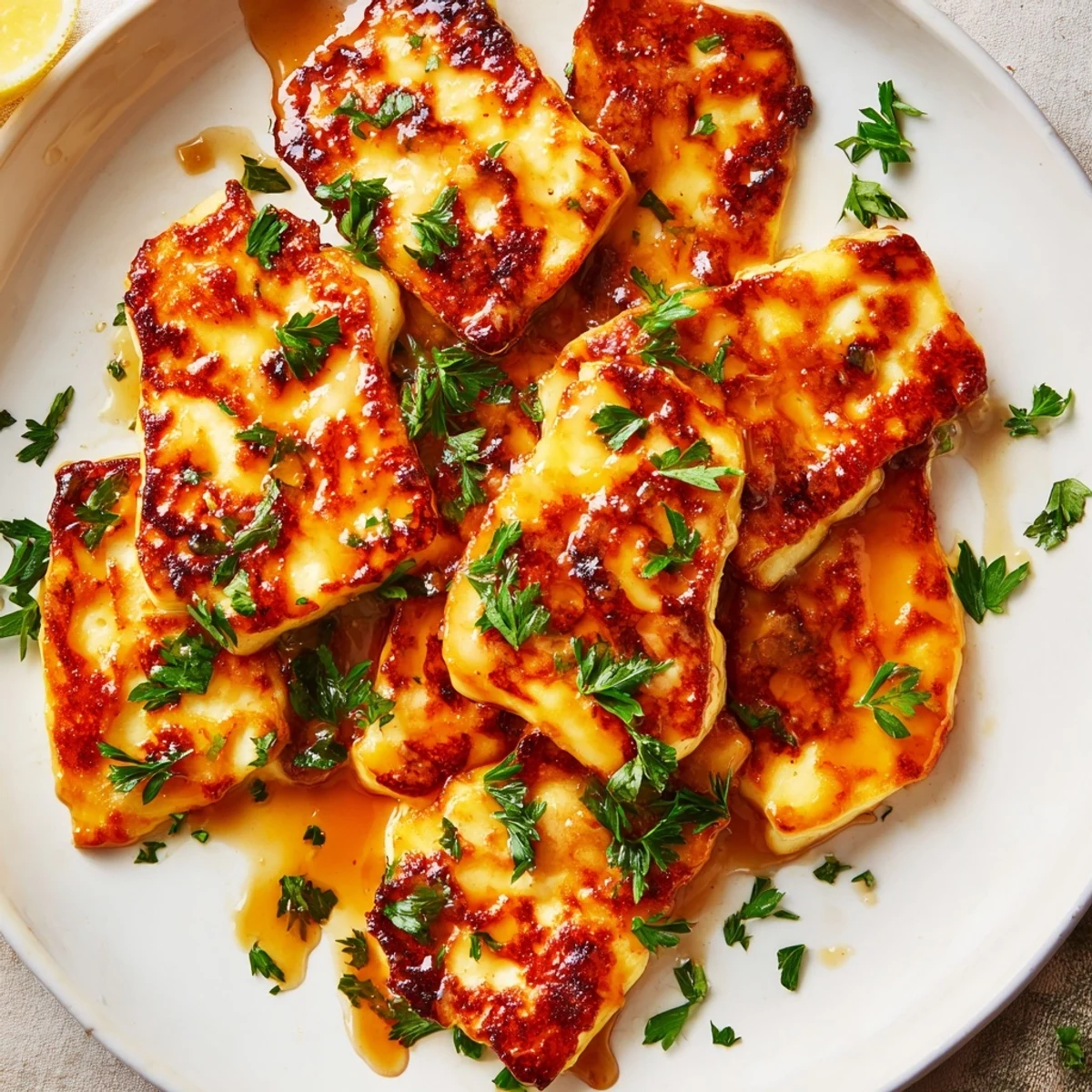 Crispy halloumi cheese drizzled with spicy hot honey, a delicious vegetarian recipe.